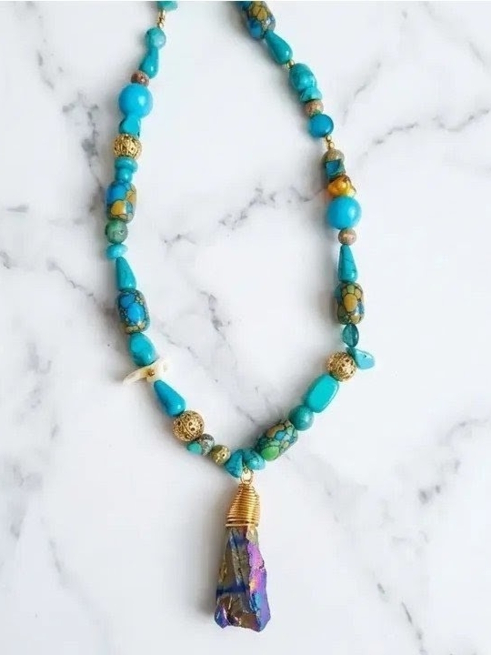 Turquoise Beaded Necklace with Iridescent Crystal Pendant